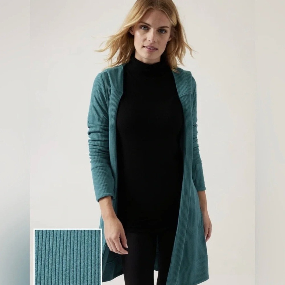 Athleta Harmony Pose Ribbed Wrap Hooded Cardigan Teal Blue Size Small